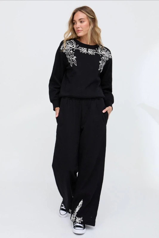 Image of Raffya Womens Marmalade Embroidered Wide Leg Trouser In Black Size: 16 Black Female 16