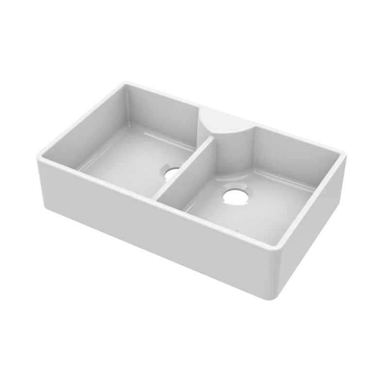 Image of Balterley 2 Bowl Stepped Weir Butler Sink Tap Ledge No Overflow Tap Hole 895mm White