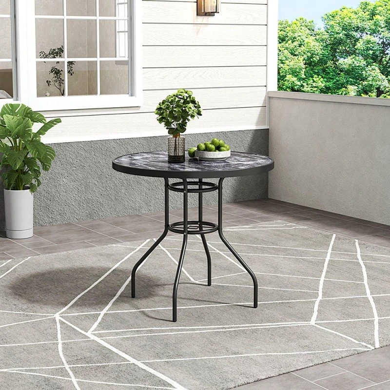 Image of Breeins Round Garden Tempered Glass Marble Coffee Table - Black L