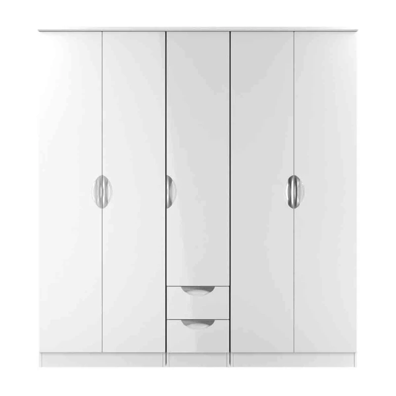 Image of Welcome Furniture Ltd Camden 5 Door 2 Drawer Wardrobe in White Gloss & White - Ready Assembled, White CAM186WGW