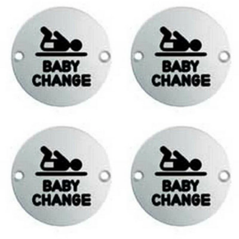 Image of Loops 4x Bathroom Door Baby Change Sign 64mm Fixing Centres 76mm Dia Satin Steel Metallics