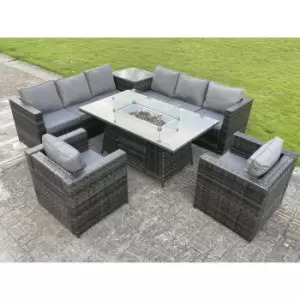 Image of Fimous 8 Seater Outdoor Dark Grey Rattan Lounge Sofa Complete Set with Gas Fire Pit Dining Table, Gas Heater and Side Table