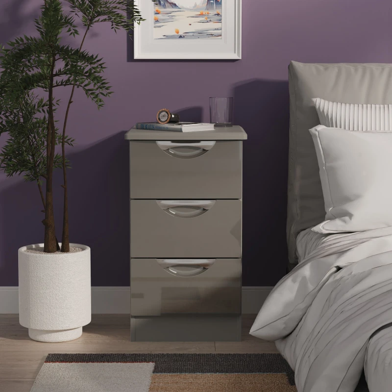 Image of Camden 3 Drawer Bedside Cabinet in Grey Gloss & Dusk Grey - Ready Assembled - Lewis's Home TJ Hughes 5056812206876