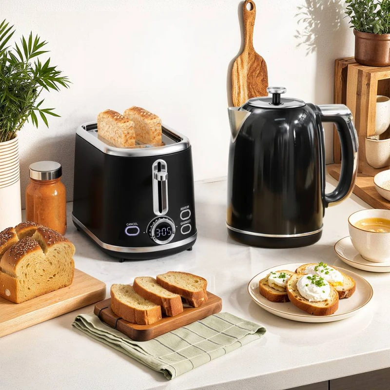 Image of HOMCOM HOMCOM Rapid Boil Kettle and 2 Slice Toaster Set with LED Screen, 1.7L 3000W in Black One Size Unisex 5063603466920
