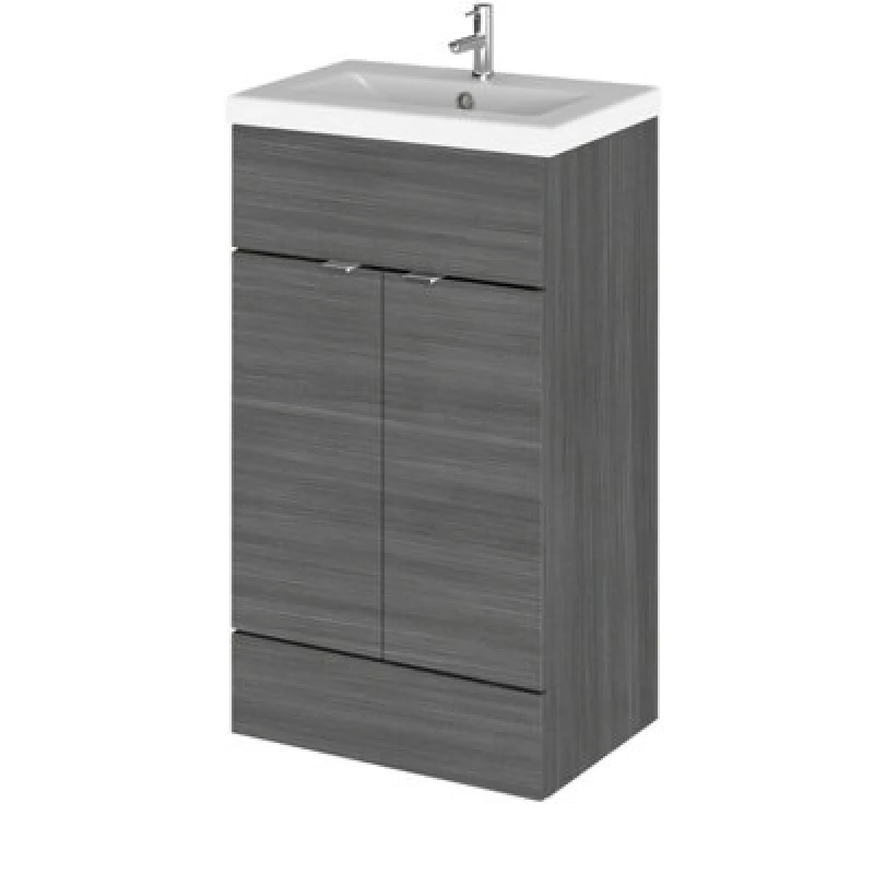 Image of Hudson Reed Fusion Floor Standing 2 Door Vanity Unit & Ceramic Basin, Sink Vanity Unit, Anthracite Woodgrain, 500mm