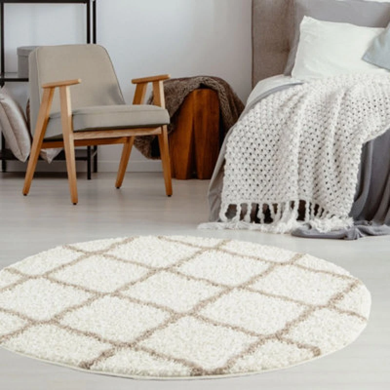 Image of THE RUGS Soft Moroccan Shaggy Rugs & Runners Ivory & Beige Living Room Size: 120cm diameter Beige Unisex 120cm diameter