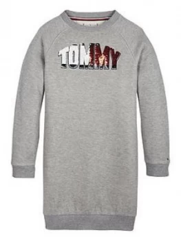 Image of Tommy Hilfiger Girls Sequin Logo Sweat Dress - Grey Marl