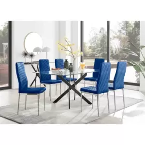 Image of Furniture Box Leonardo Black Leg Glass Dining Table and 6 Navy Velvet Milan Chairs