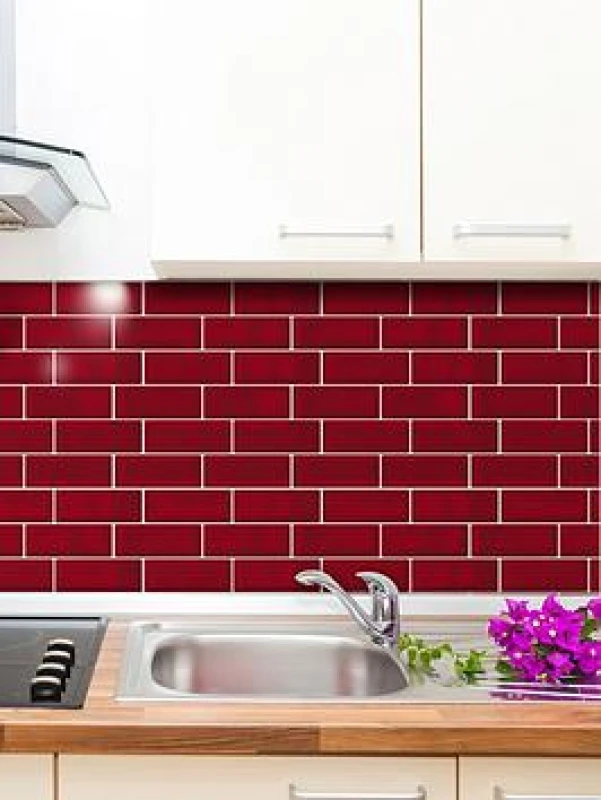 Image of Walplus 3D Tile Stickers Peel And Stick Backsplash Splashback Decals Tile Transfer For Kitchen Bathroom Living Room Stick On Tile Waterproof - Cherry