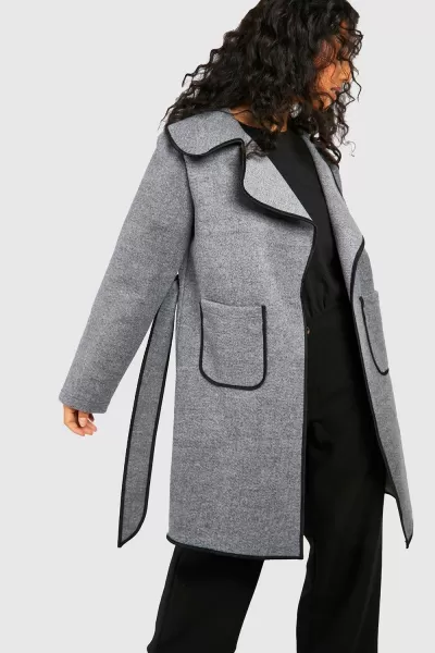 Image of Contrast Detail Belted Wool Look Coat