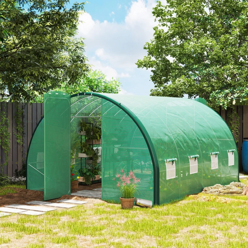 Image of Outsunny Tunnel Greenhouse Upgraded Structure, Hinged Doors, 4 x 3(m), Green 84H-033V03GN