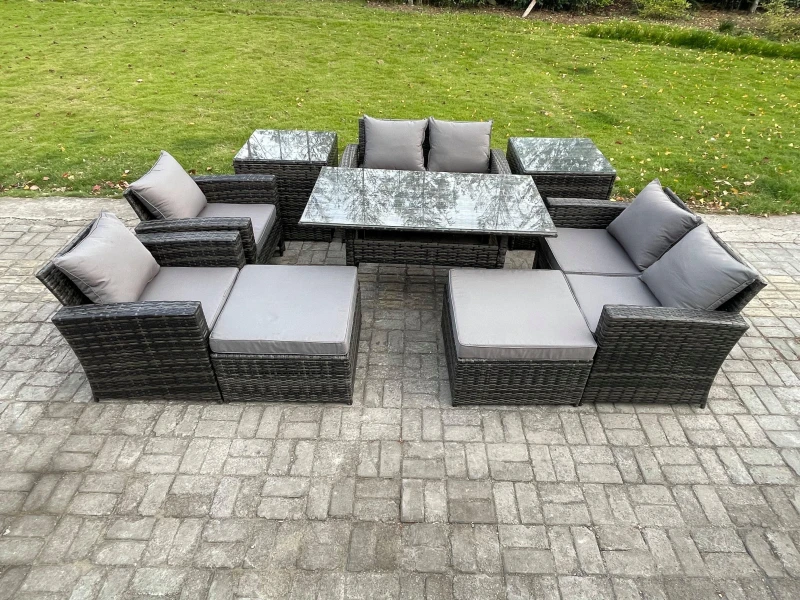 Image of Fimous Garden Furniture Sets 9 Pieces Rattan Furniture Handmade Wicker Patio Sofa Set with 2 Big Footstool 2 Side Tables Dark Grey Mixed Dark Grey Uni