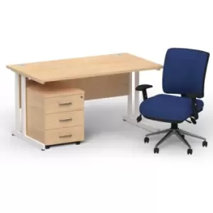 Image of Impulse 1400 x 800 White Cant Office Desk Maple + 3 Dr Mobile Ped & Chiro Med Back Blue W/Arms