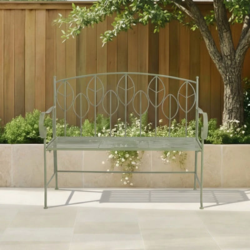 Image of Charles Bentley Sage Green Leaf Design Rustic Metal Garden Bench