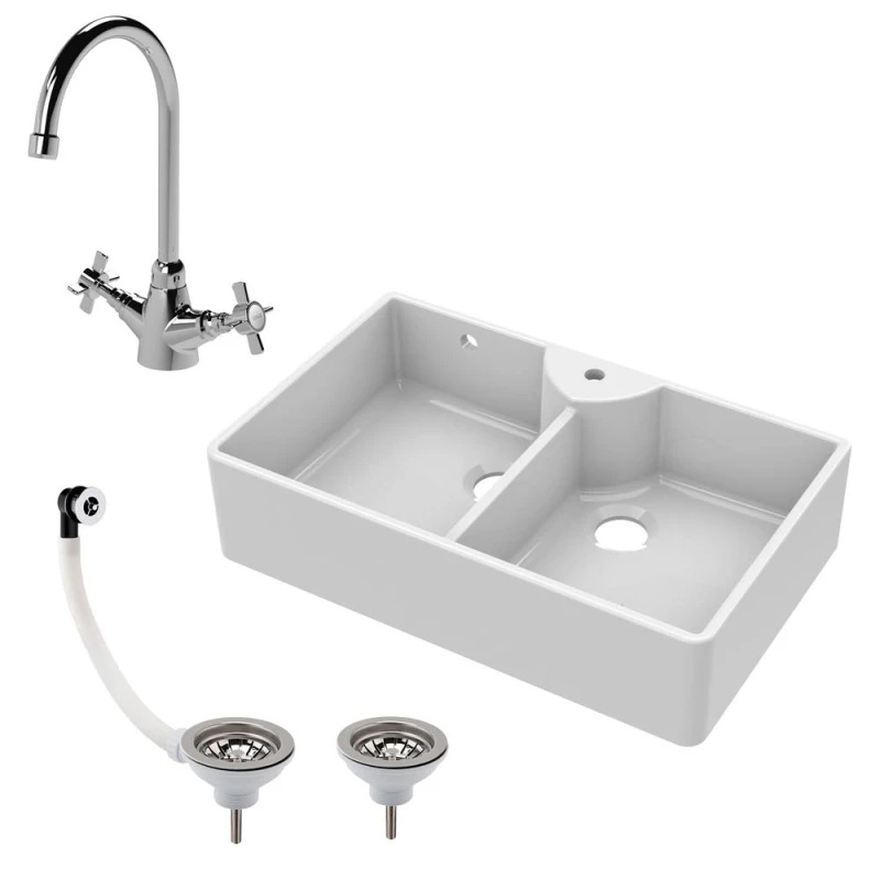 Image of Balterley Fireclay 2 Bowl Stepped Weir Butler Sink Overflow Tap Waste 895mm White unisex
