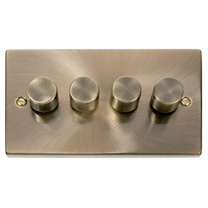 Image of SE Home Antique Brass 4 Gang 2 Way LED 100W Trailing Edge Dimmer Light Switch. Gold