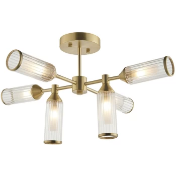 Image of Merano Trieste 6 Light Ceiling Semi Flush Satin Brass Plate With Clear & Frosted Glass