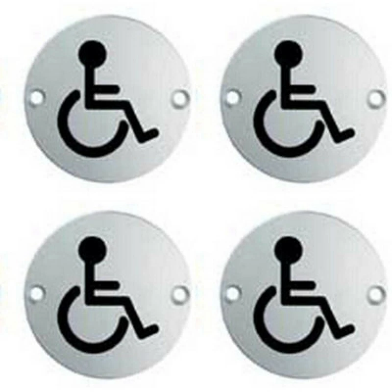 Image of Loops 4x Bathroom Door Disabled Symbol Sign 64mm Fixing Centres 76mm Dia Steel Metallics