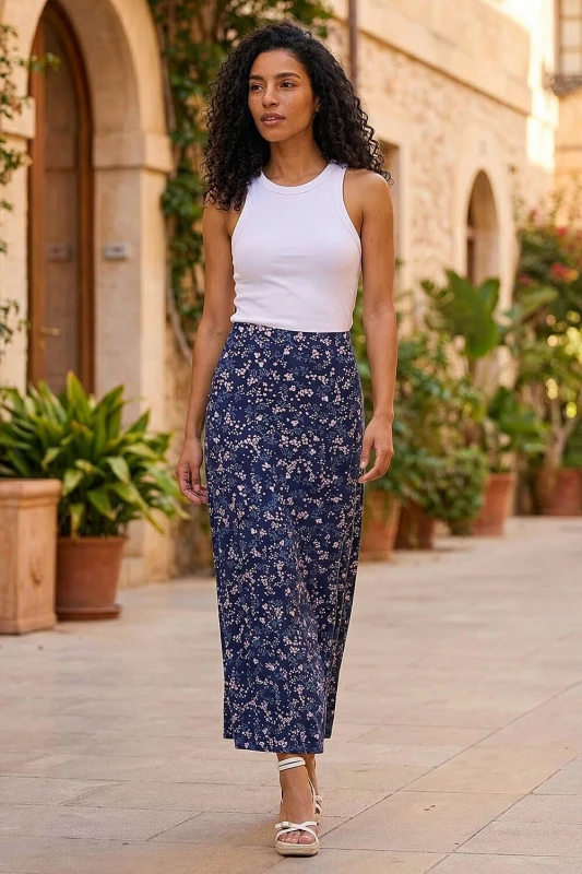 Image of Roman Womens Floral Print Elastic Waist Midi Stretch Skirt in Navy Size: 18 Navy Female 18