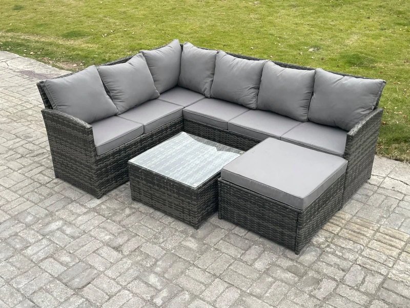 Image of Fimous 7 Seater Outdoor Garden Furniture Set Wicker PE Rattan Corner Sofa Set with Square Coffee Table Big Footstool Dark Grey Mixed Dark Grey