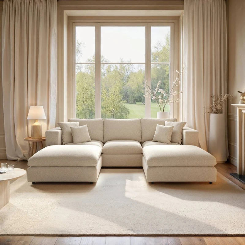 Image of Solace+Co Asher U Shape Corner Sofa Bundle in Beige Beige Unisex