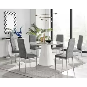Image of Furniturebox Palma White Marble Effect 120cm Round Minimalist Dining Table & 6 Grey Milan Chrome Leg Faux Leather Chairs