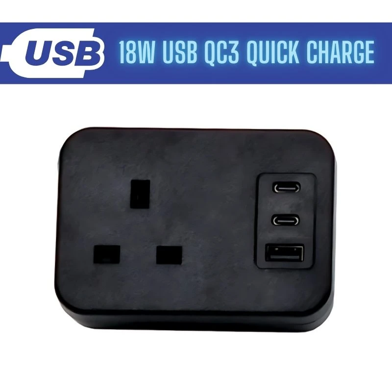 Image of POWERDATA BLACK DESKTOP 1X POWER - DUAL USB C + A CHARGER -18W