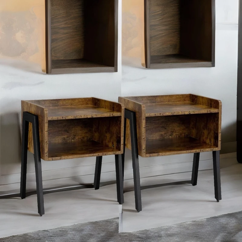 Image of Rafaelo Mobilia Set Of 2 Rustic Stackable Bedside Tables in Brown Brown Unisex