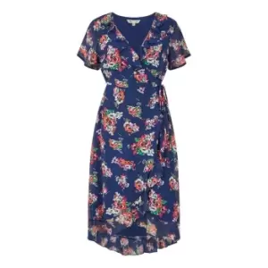 Image of Yumi Navy Floral Frill Wrap Midi Dress - Blue