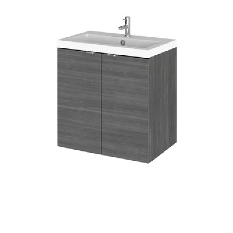 Image of Hudson Reed Fusion Wall Hung 2 Door Vanity Unit & Polymarble Basin, Sink Vanity Unit, Anthracite Woodgrain, 500mm