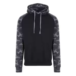 Image of Awdis Just Hoods Adults Unisex Two Tone Hooded Baseball Sweatshirt/Hoodie (L) (Solid Black/ Black Camo)