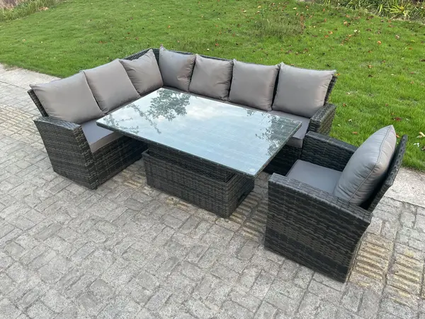 Image of Fimous 7 Seater Outdoor Dark Grey PE Rattan Lounge Complete Sofa Set with Adjustable Table