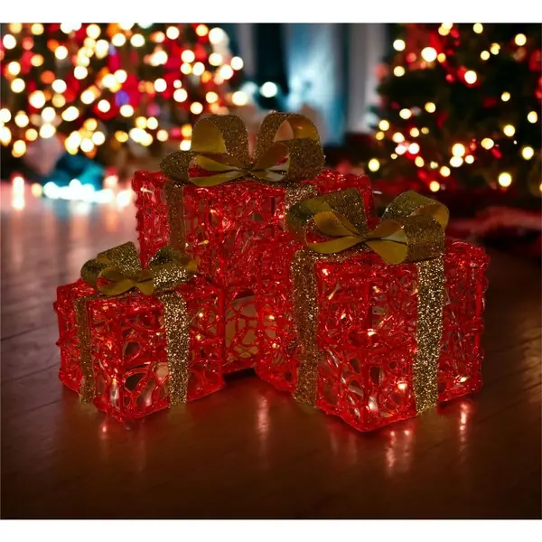 Image of Set of 3 LED Light Up Christmas Gift Present Box Decoration Battery Operated With Timer 8 Patterns and 60 LED's - Red ELV-782901