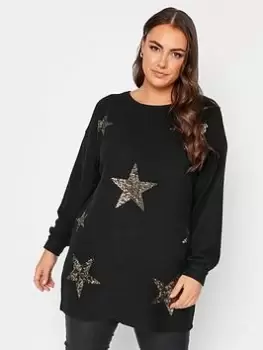 Image of Yours Yours Sequin Aop Star Jumper, Black, Size 20, Women