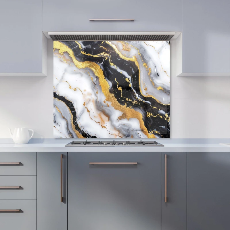 Image of Warren Reed - Designer White Backed With Gold Marble Effect Kitchen Splashback in Black Size: 700mm x 650mm Black Unisex 700mm x 650mm