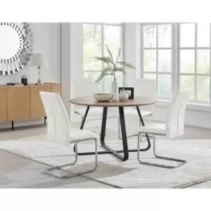 Image of Furniture Box Santorini Brown Wood Contemporary Round Dining Table and 4 White Lorenzo Chairs Set
