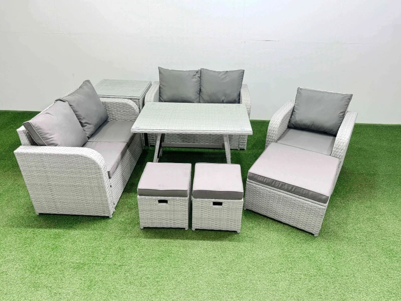 Image of Fimous 8 Seater Rattan Garden Furniture Set Love Sofa Reclining Chair Sets in Light Grey Light Grey Unisex