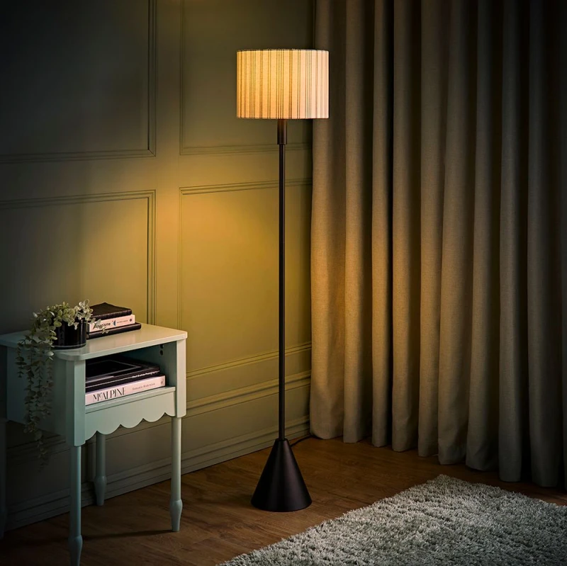 Image of ValueLights ValueLights Mitch Linen Stripe Lamp Shade Black Triangle Floor Lamp with LED Bulb in Off White Off White One Size Unisex 5059406067266