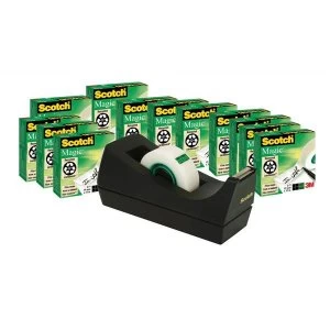 Image of Scotch Magic 19mmx33m Invisible Tape Low Noise Clear 1 x Pack of 12 Rolls 1 x FREE Dispenser