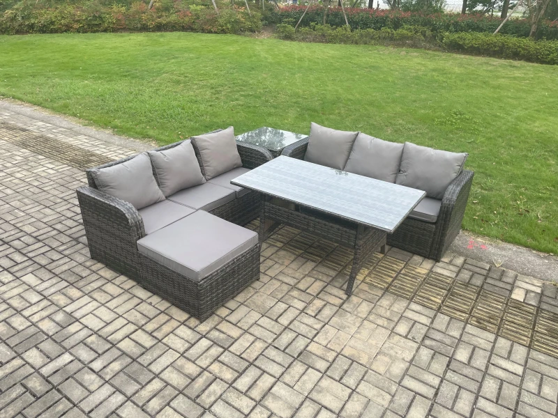 Image of Fimous Rattan Garden Furniture Set with Oblong Rectangular Dining Table Big Footstool Side Table 5 Pieces Outdoor Lounge Sofa Set in Dark Grey Dark Gr