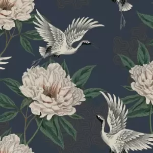 Image of Grandeco Flying Cranes Geo Smooth Navy Wallpaper