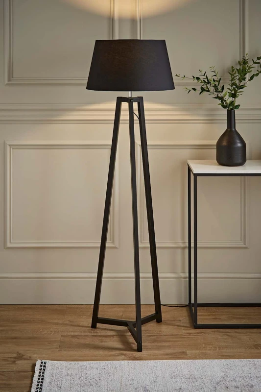 Image of ValueLights Lottie Black Wood Tripod Floor Lamp with Fabric Tapered Shade Black