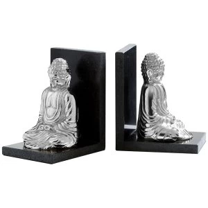 Image of Premier Housewares Buddha Set of 2 Bookends in Silver Nickel Finish with Black Marble Bases