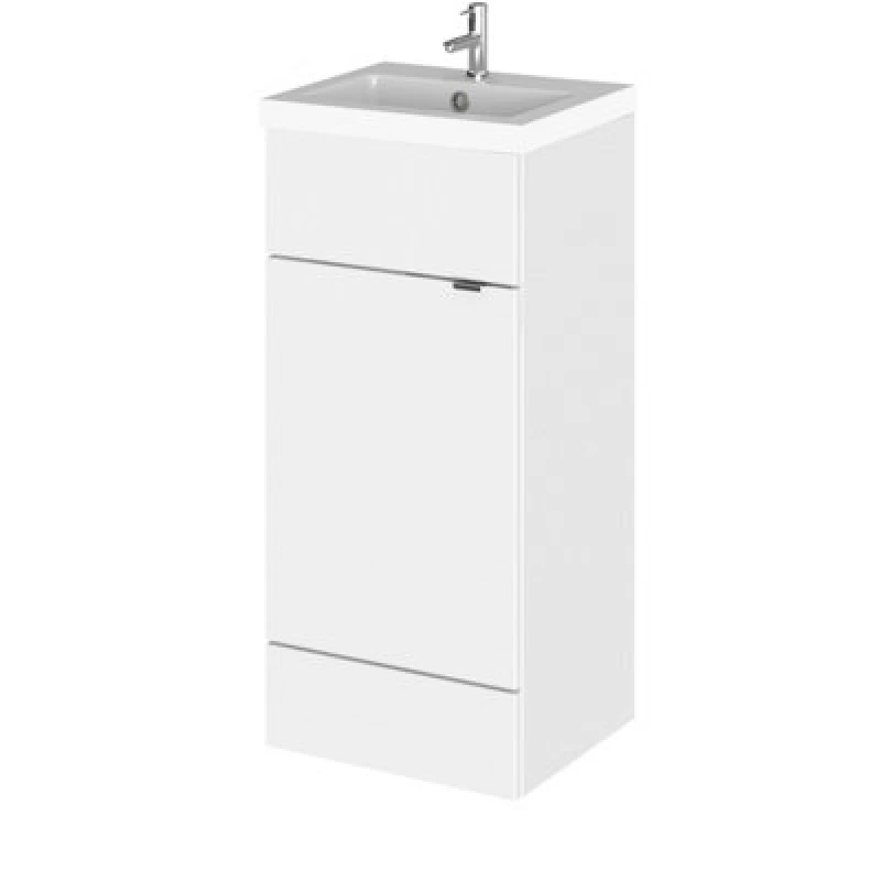 Image of Hudson Reed Fusion Floor Standing 1 Door Vanity Unit & Polymarble Basin, Stylish Vanity Unit With Basin, Gloss White, 400mm