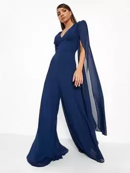 Image of Boohoo Cape Detail Plunge Jumpsuit - Navy, Blue, Size 16, Women