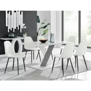 Image of Monza 6 White/Grey Dining Table & 6 White Corona Faux Leather Dining Chairs with Black Legs Diamond Stitch - White