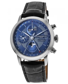 Image of Baume & Mercier Classima Automatic Blue Chronograph Dial Black Leather Strap Mens Watch 10484 10484