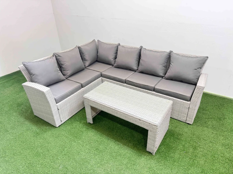 Image of Fimous Outdoor 6 Seater Corner Sofa Sets with Oblong Coffee Table in Light Grey Light Grey Unisex