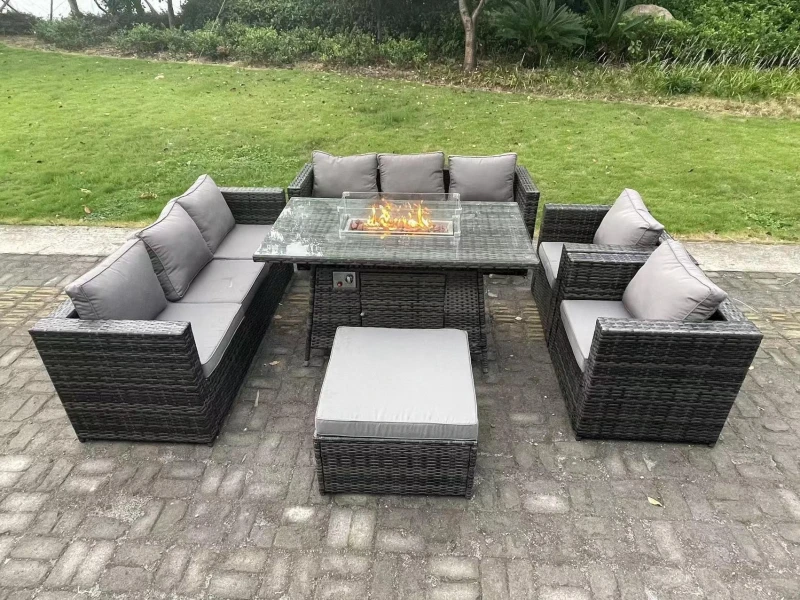 Image of Fimous Rattan Garden Furniture Set Gas Fire Pit Lounge Sofa Chair Dining Set with Arm Chair Stools Dark Grey