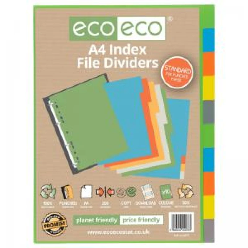 Image of Eco Eco 50% Recycled Index File Divider 10-Part A4 Assorted (10 Pack) ECO073-S